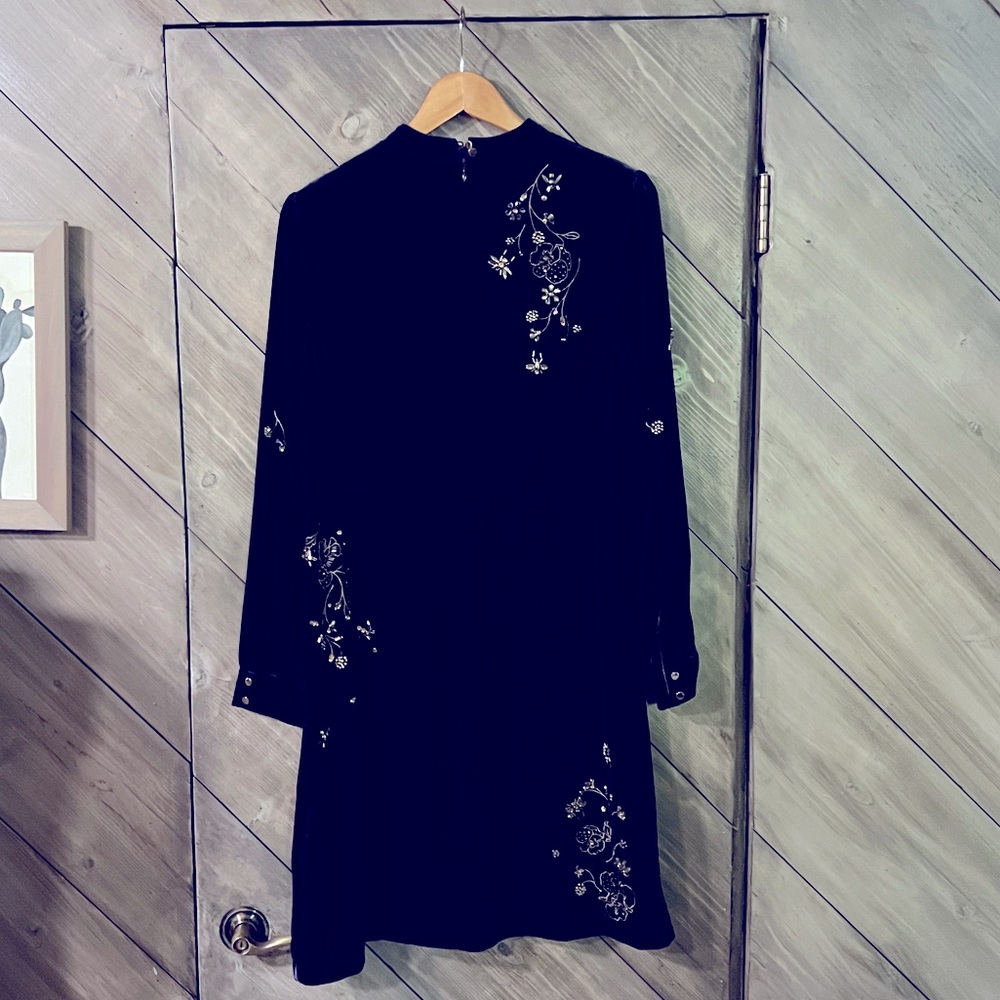 L.K. Bennett Elegant Navy Velvet Long Sleeve High Neck Mini Party Dress!